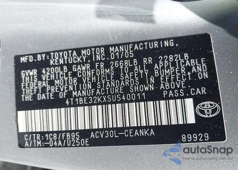 2005 Toyota Camry Le from USA, damaged, VIN 4T1BE32KX5U540011